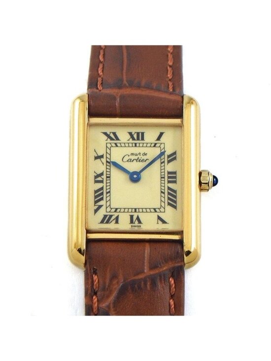 Cartier Watch Must Tank Vermeil SM Rectangular Ivory Dial Brown Calf Leather